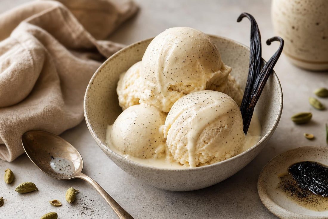 Cardamom vanilla ice cream made with Indonesian vanilla