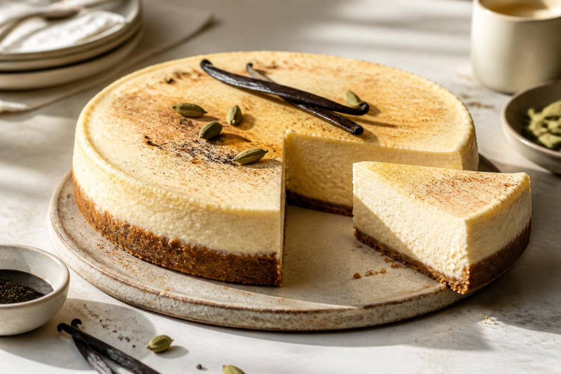 Cardamom vanilla cheesecake made with Mexican vanilla