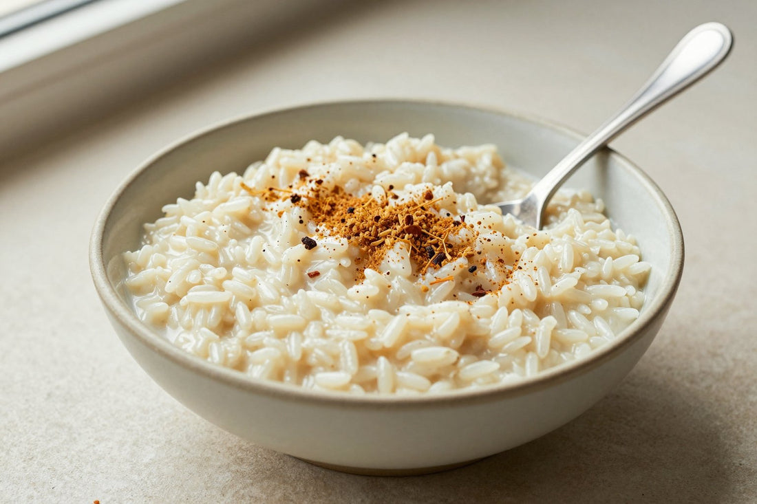 Creamy cardamom rice pudding in a small ceramic bowl with a spoon, garnished as in the recipe