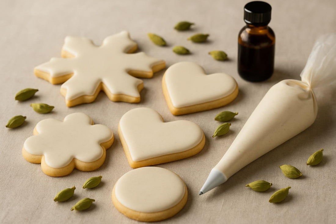 Sugar cookies decorated with cardamom royal icing