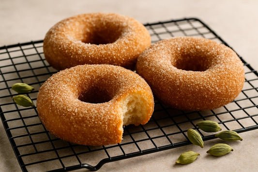 Doughnuts finished with cardamom sugar on a cooling rack