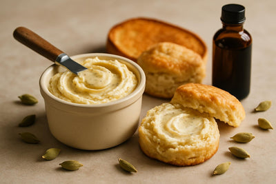 Cardamom Vanilla Butter in a crock with warm biscuits