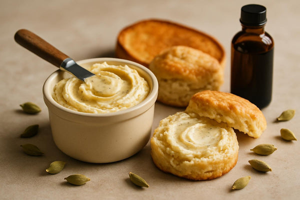 Cardamom Vanilla Butter in a crock with warm biscuits