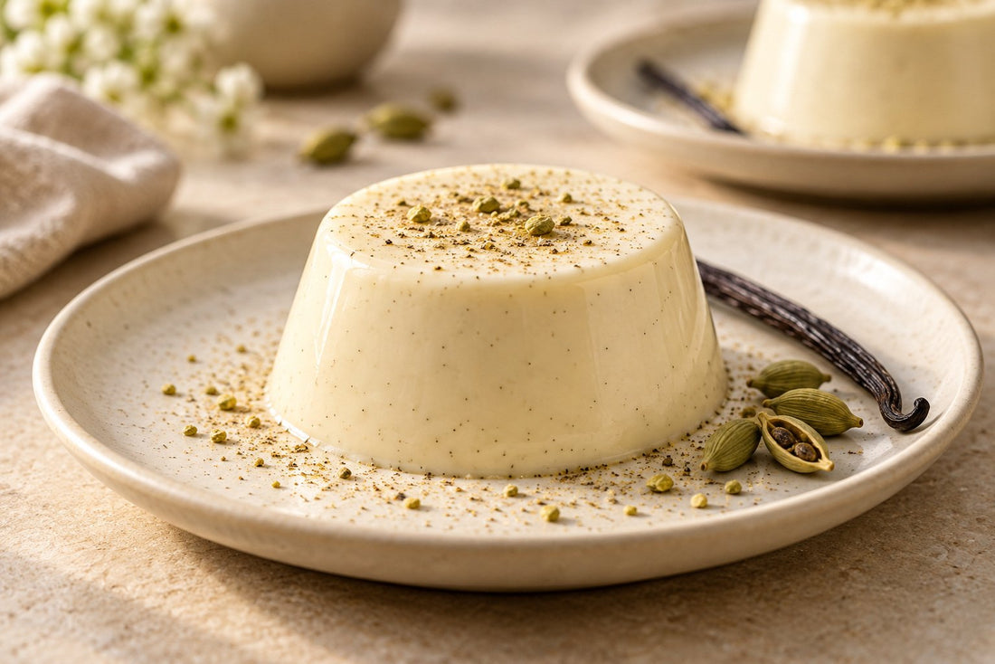 Cardamom Vanilla Panna Cotta, unmolded on a plate with vanilla beans