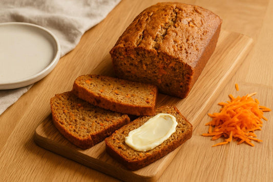Carrot Bread loaf with sliced pieces on an oak board