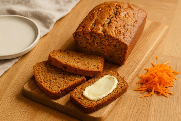 Carrot Bread loaf with sliced pieces on an oak board