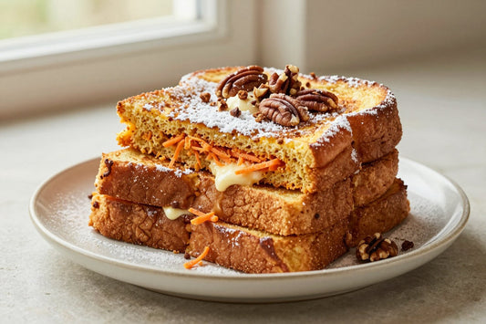 A stack of thick golden slices of carrot cake french toast on a plate, dusted with powdered sugar