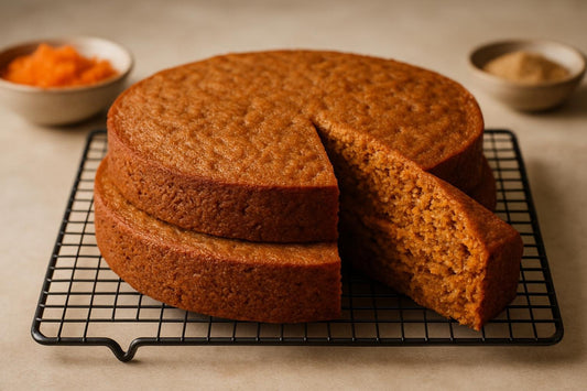 Two bare, level rounds of carrot cake layers stacked on a cooling rack with one slice cut to show the crumb