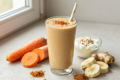 A tall glass of thick, creamy carrot cake protein shake with a straw, a few of its fresh ingredients beside it