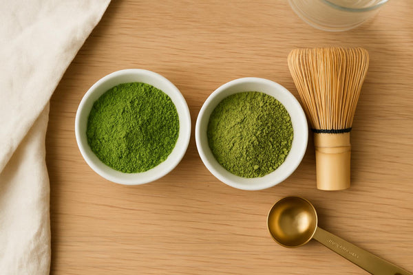 Ceremonial and culinary matcha powder side by side in white bowls showing color difference