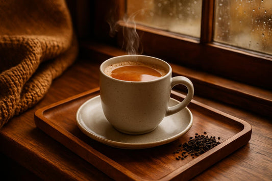 Ceylon Tea in a ceramic mug on an oak tray by a window