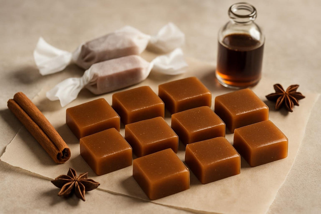 Chai Caramels cut and wrapped in wax paper