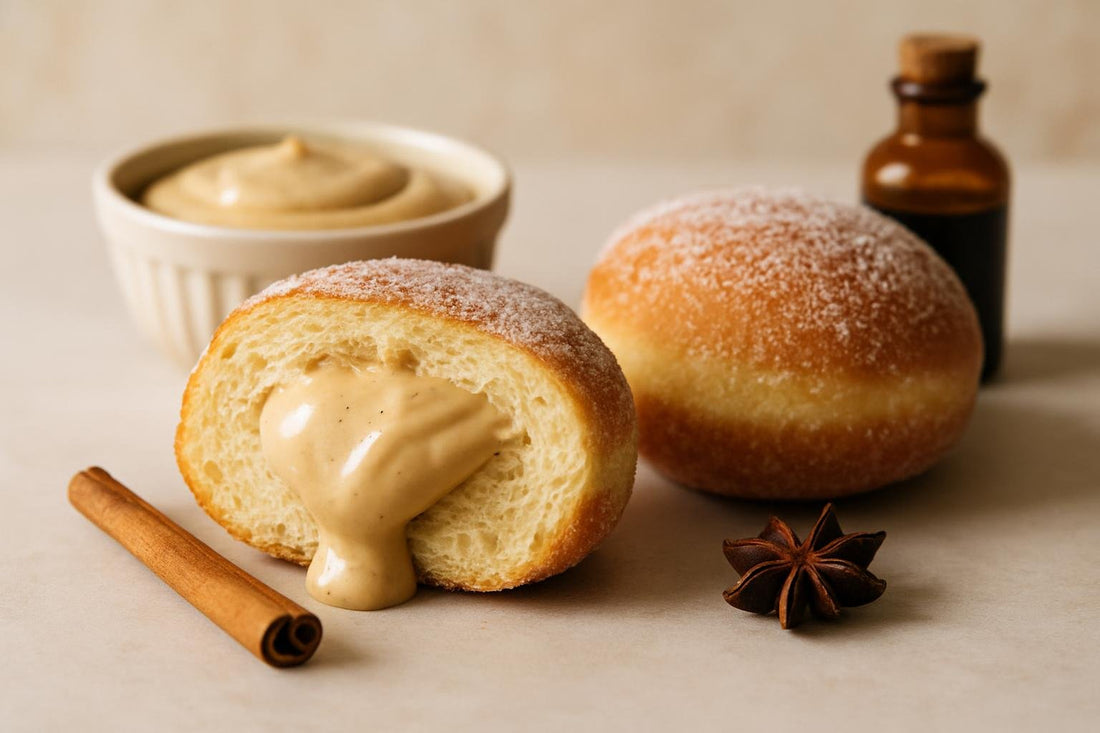 Filled doughnut cut open to show chai custard
