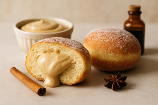 Filled doughnut cut open to show chai custard