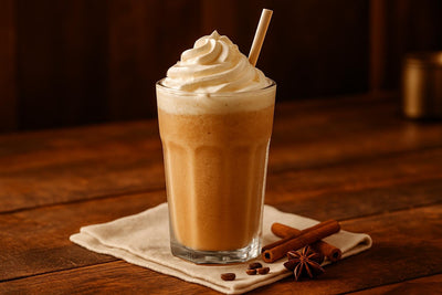 Chai Frappé in a glass on an oak table
