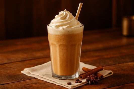 Chai Frappé in a glass on an oak table