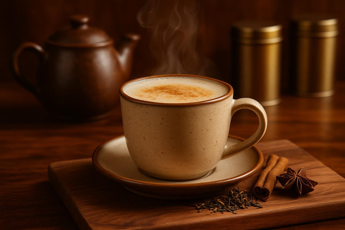 Chai Latte in a ceramic mug on an oak serving board