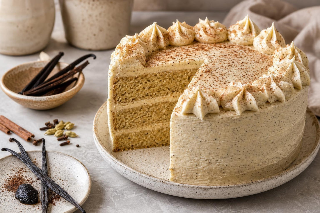 Chai vanilla layer cake made with Madagascar vanilla