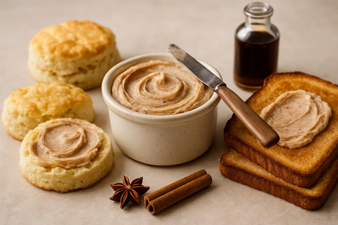 Chai Spice Butter in a crock with warm biscuits