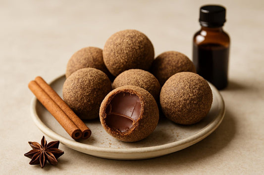 Chai Truffles on a plate, one bitten