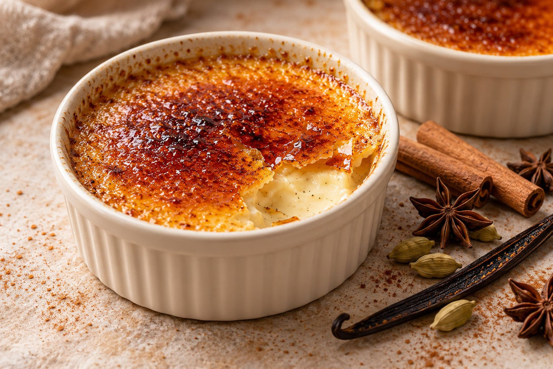 Chai Vanilla Crème Brûlée in a ramekin with a caramelized sugar crust