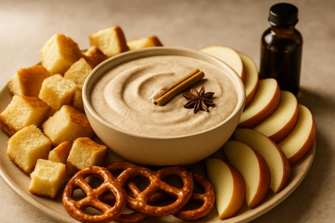 Bowl of chai vanilla dip with brioche, pretzels and fruit