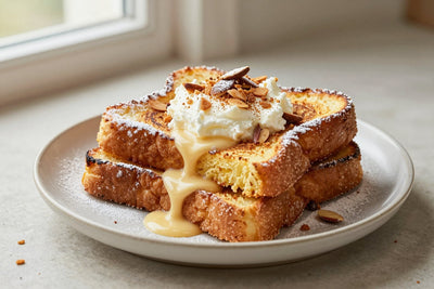 A stack of thick golden slices of challah french toast on a plate, dusted with powdered sugar