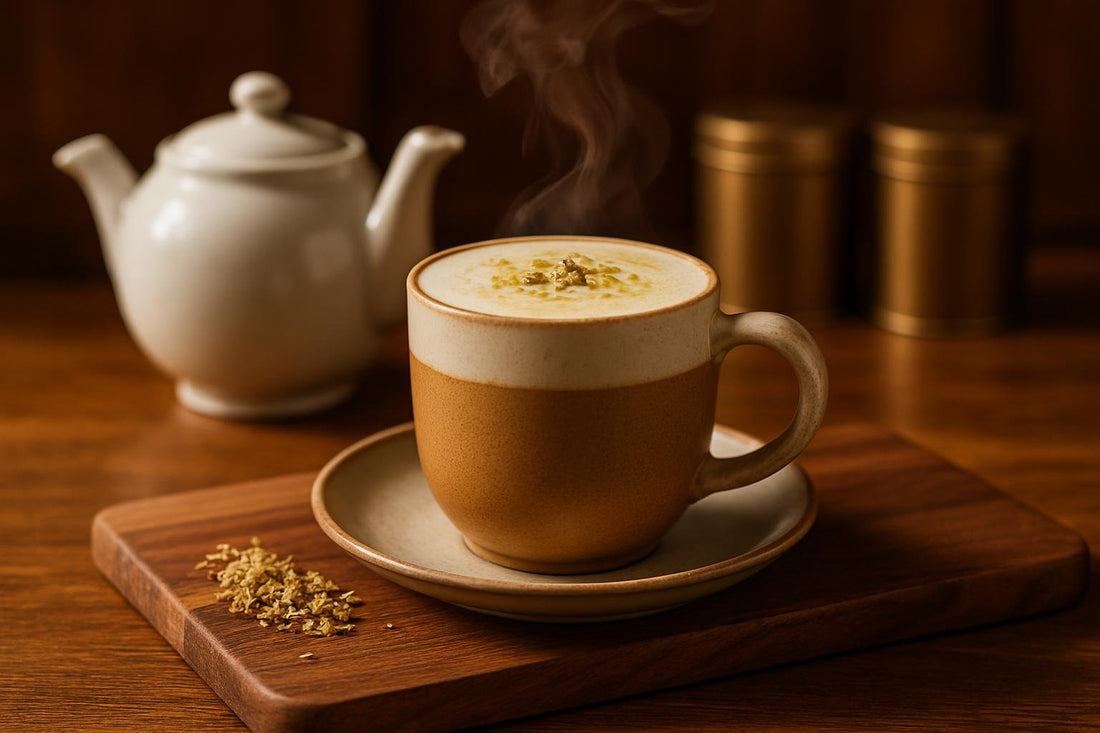 Chamomile Tea in a ceramic mug on an oak serving board