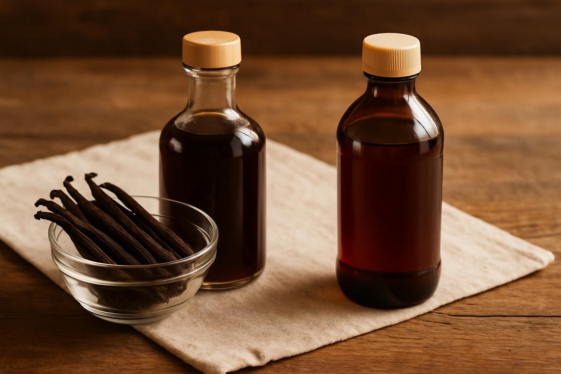 Side-by-side comparison on rustic wooden table: small glass bowl with premium Madagascar vanilla beans and bottle of vanilla