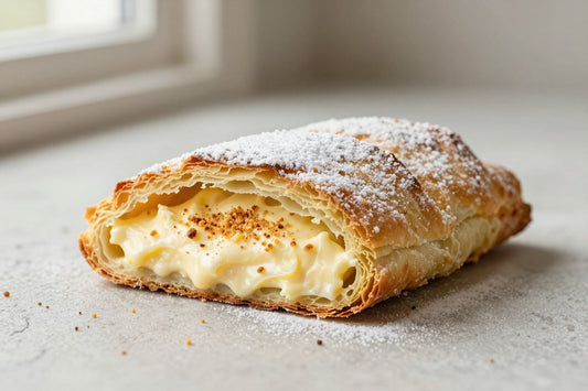 A sliced cheese strudel dusted with powdered sugar, showing the swirl of filling and flaky layers