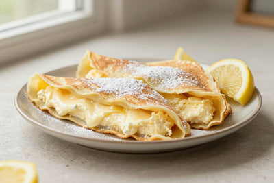 Folded cheesecake crêpes on a plate, the filling and toppings from the recipe clearly visible