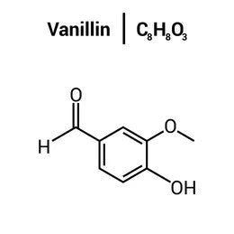 Molecular structure diagram of vanillin showing benzene ring with hydroxyl, methoxy, and aldehyde functional groups