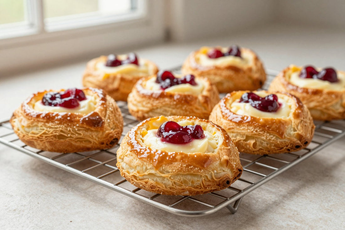 Cherry cheese danish on a wire rack, the glossy filling visible in the center of each pastry