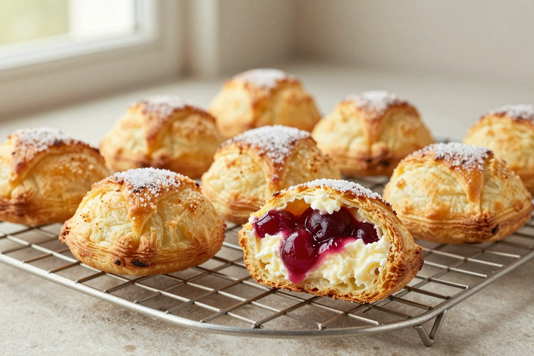 Golden cherry cheese turnovers on a wire rack, one cut open to show the filling