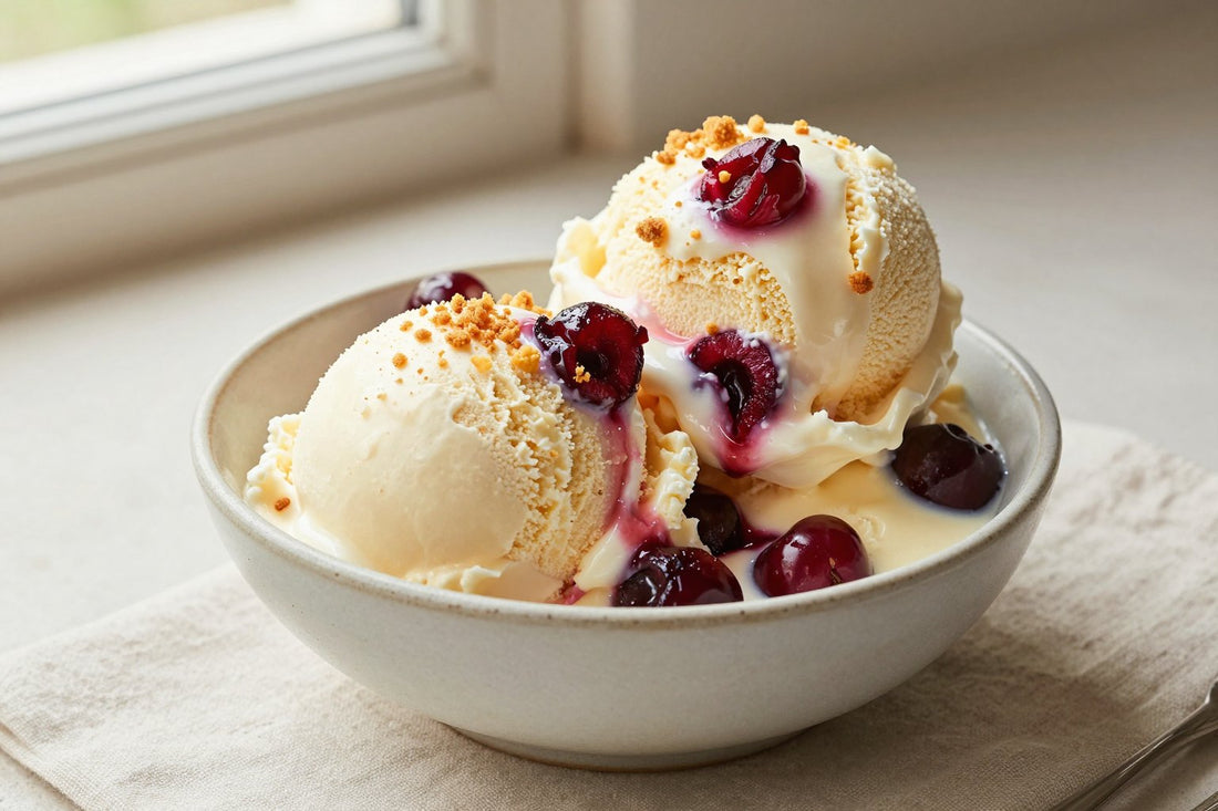 Two generous scoops of cherry cheesecake ice cream in a shallow ceramic bowl, softly melting at the edges