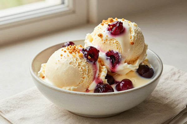 Two generous scoops of cherry cheesecake ice cream in a shallow ceramic bowl, softly melting at the edges
