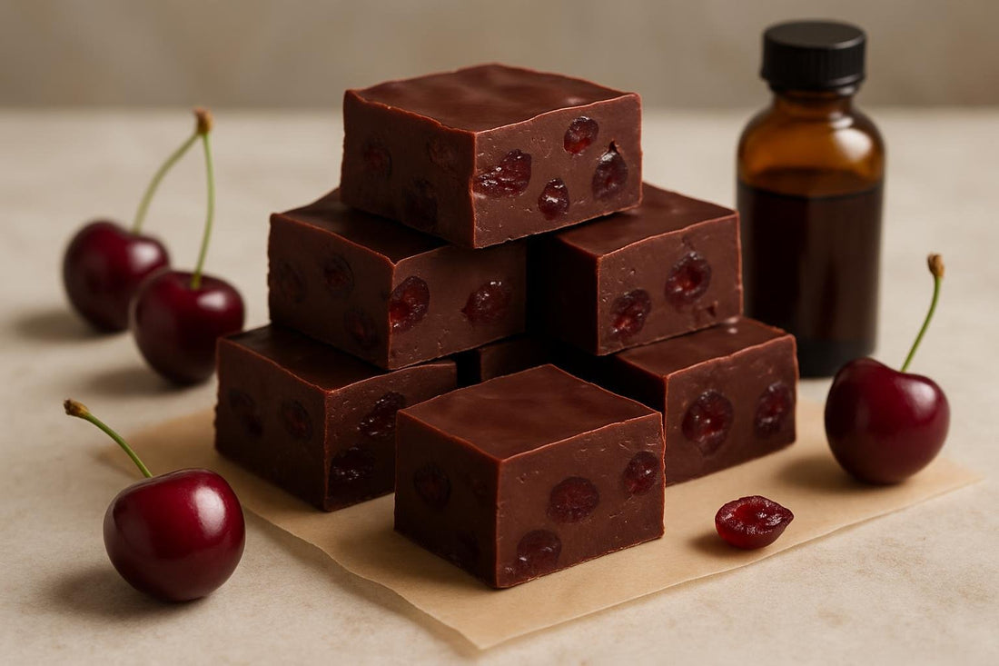 Squares of cherry chocolate fudge on parchment