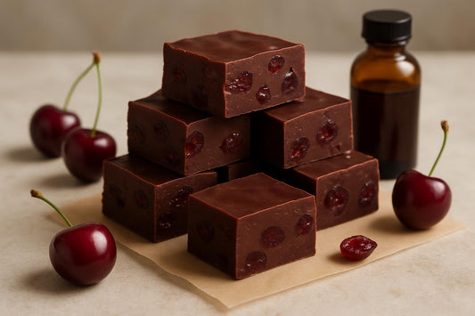 Squares of cherry chocolate fudge on parchment