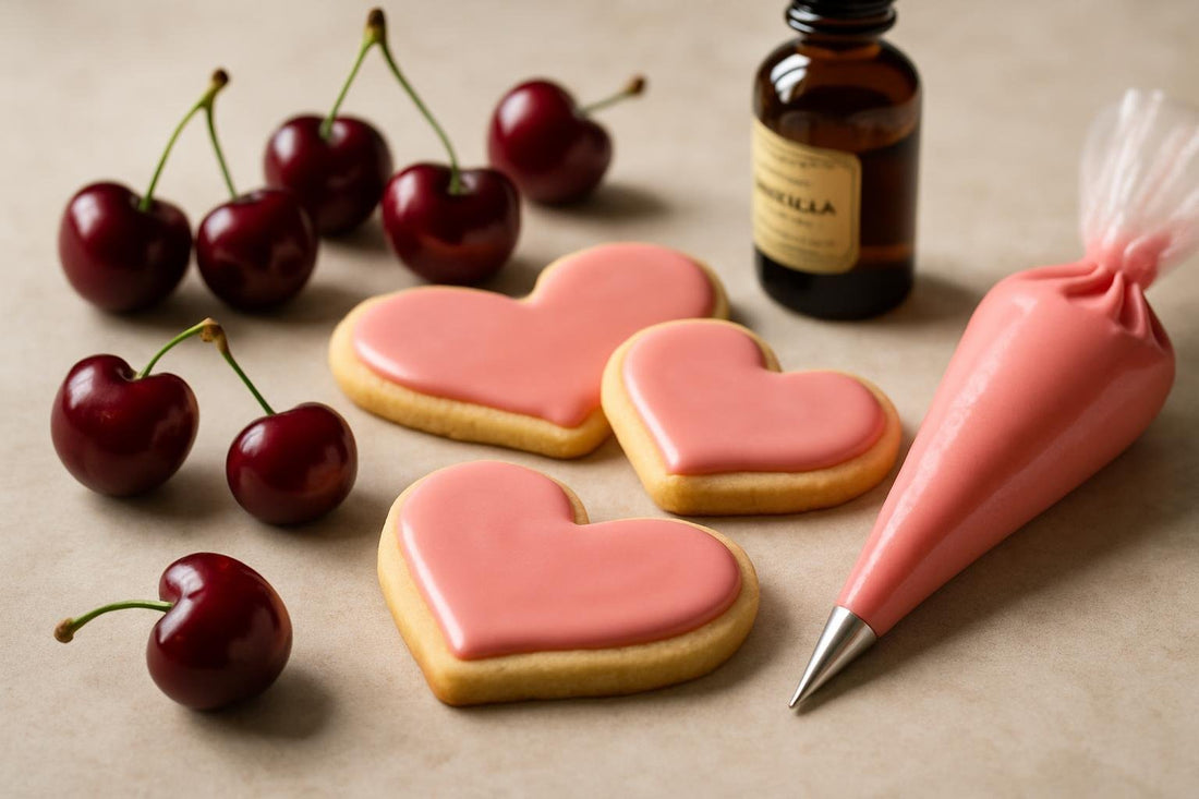 Sugar cookies decorated with cherry cookie icing