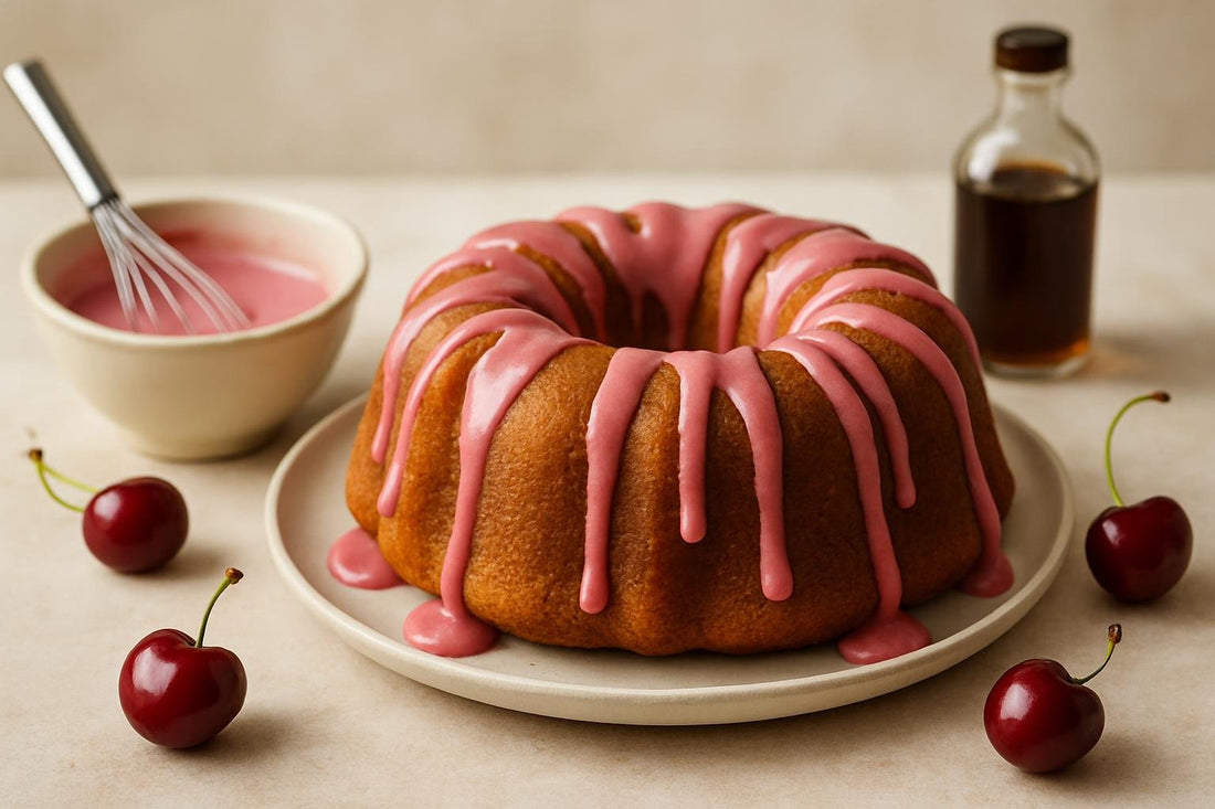 Bundt cake drizzled with cherry icing