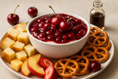 Bowl of cherry pie dip with brioche, pretzels and fruit