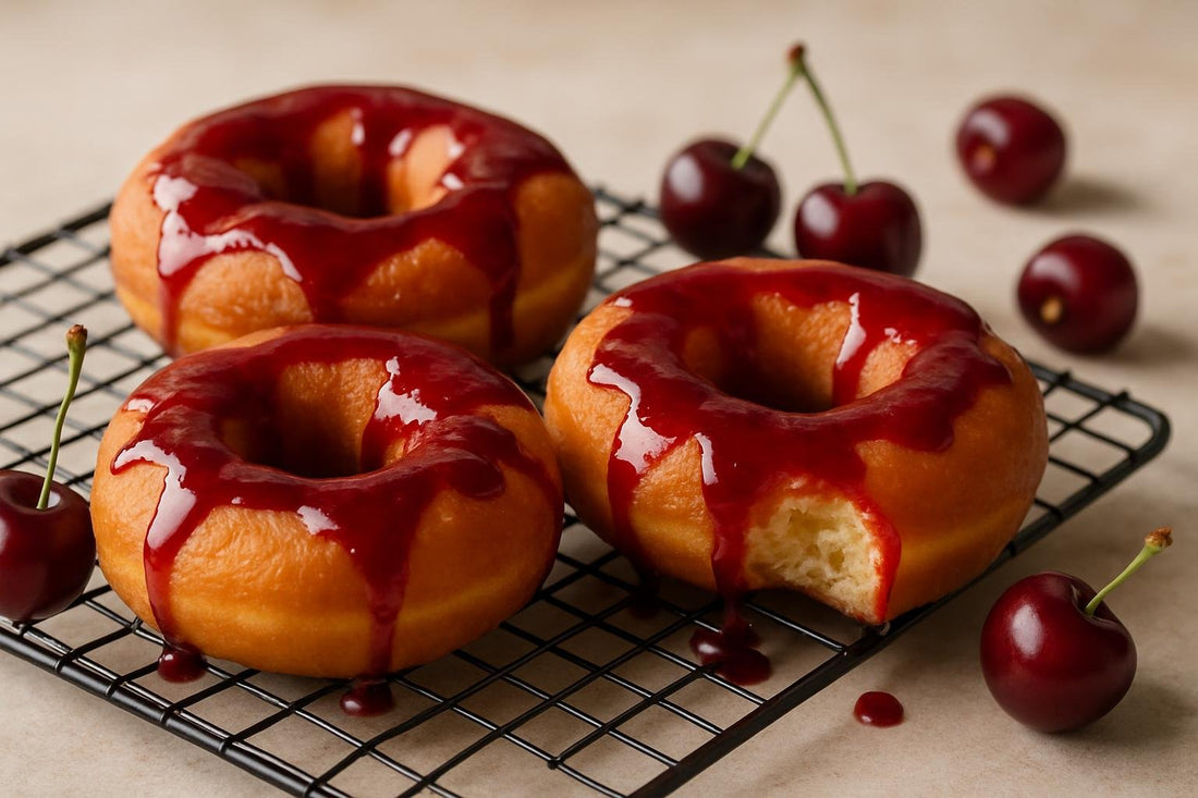 Doughnuts finished with cherry sauce on a cooling rack