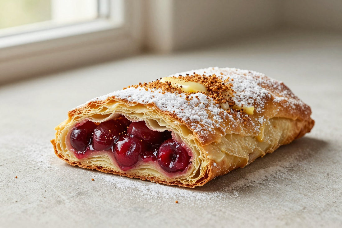 A sliced cherry strudel dusted with powdered sugar, showing the swirl of filling and flaky layers