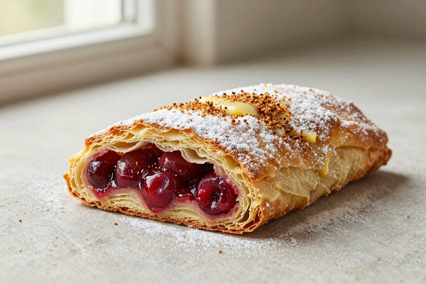 A sliced cherry strudel dusted with powdered sugar, showing the swirl of filling and flaky layers