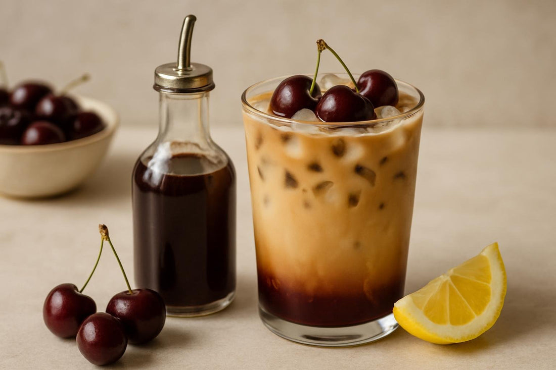 A small glass bottle of cherry syrup with a pour spout, beside an iced latte sweetened with it