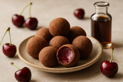 Cherry Truffles on a plate, one bitten