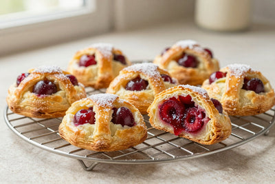 Golden cherry turnovers on a wire rack, one cut open to show the filling