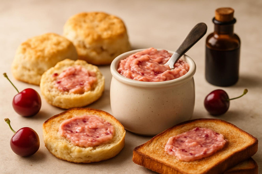 Cherry Vanilla Butter in a crock with warm biscuits