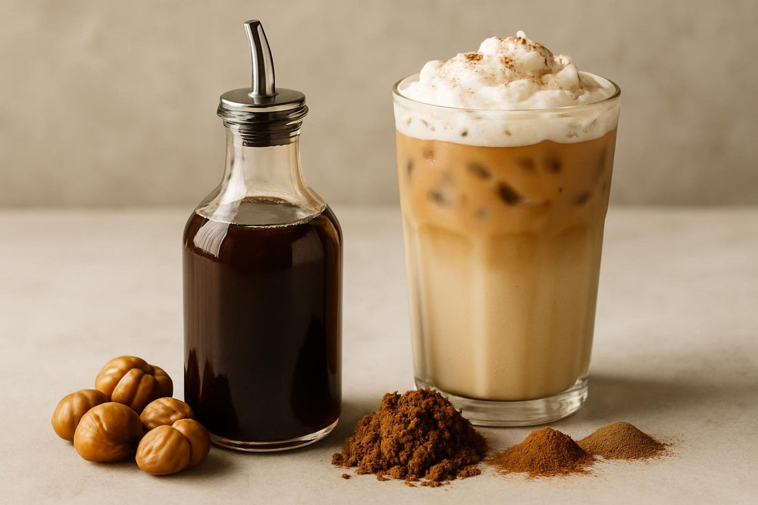 A small glass bottle of chestnut praline syrup with a pour spout, beside an iced latte sweetened with it
