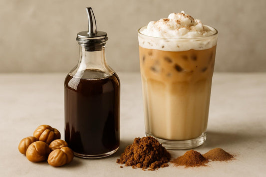 A small glass bottle of chestnut praline syrup with a pour spout, beside an iced latte sweetened with it